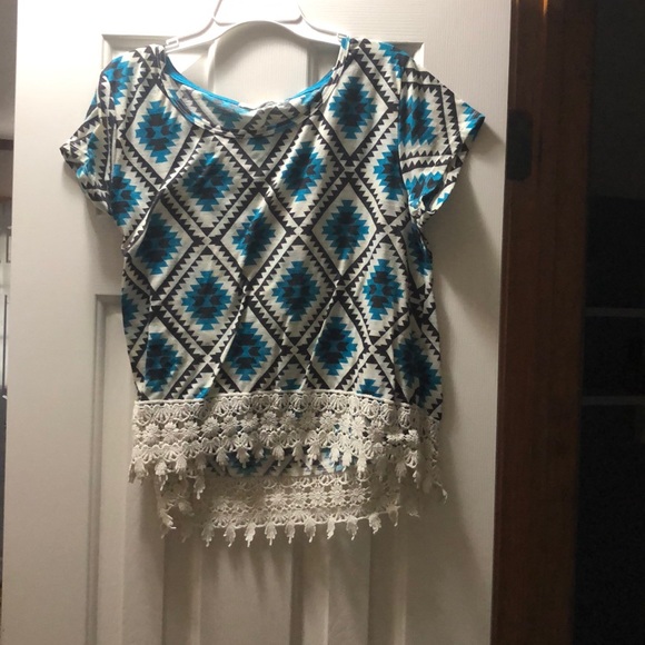 Rewind White, Blue, and Black Tribal Crop Top - Picture 2 of 5